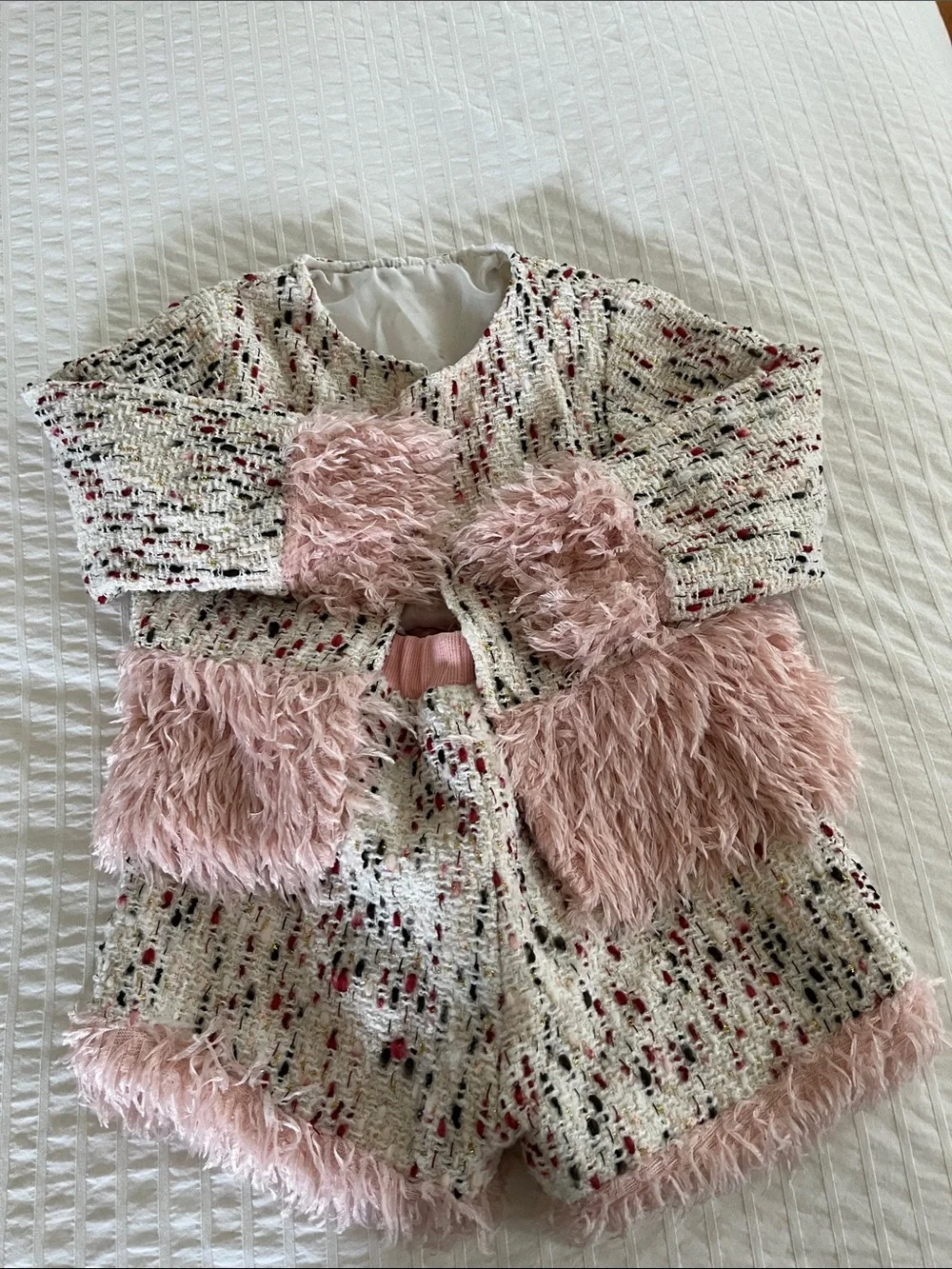Ivory and pink Tweed Two-Piece Set with Blush Pink Feather Trim
